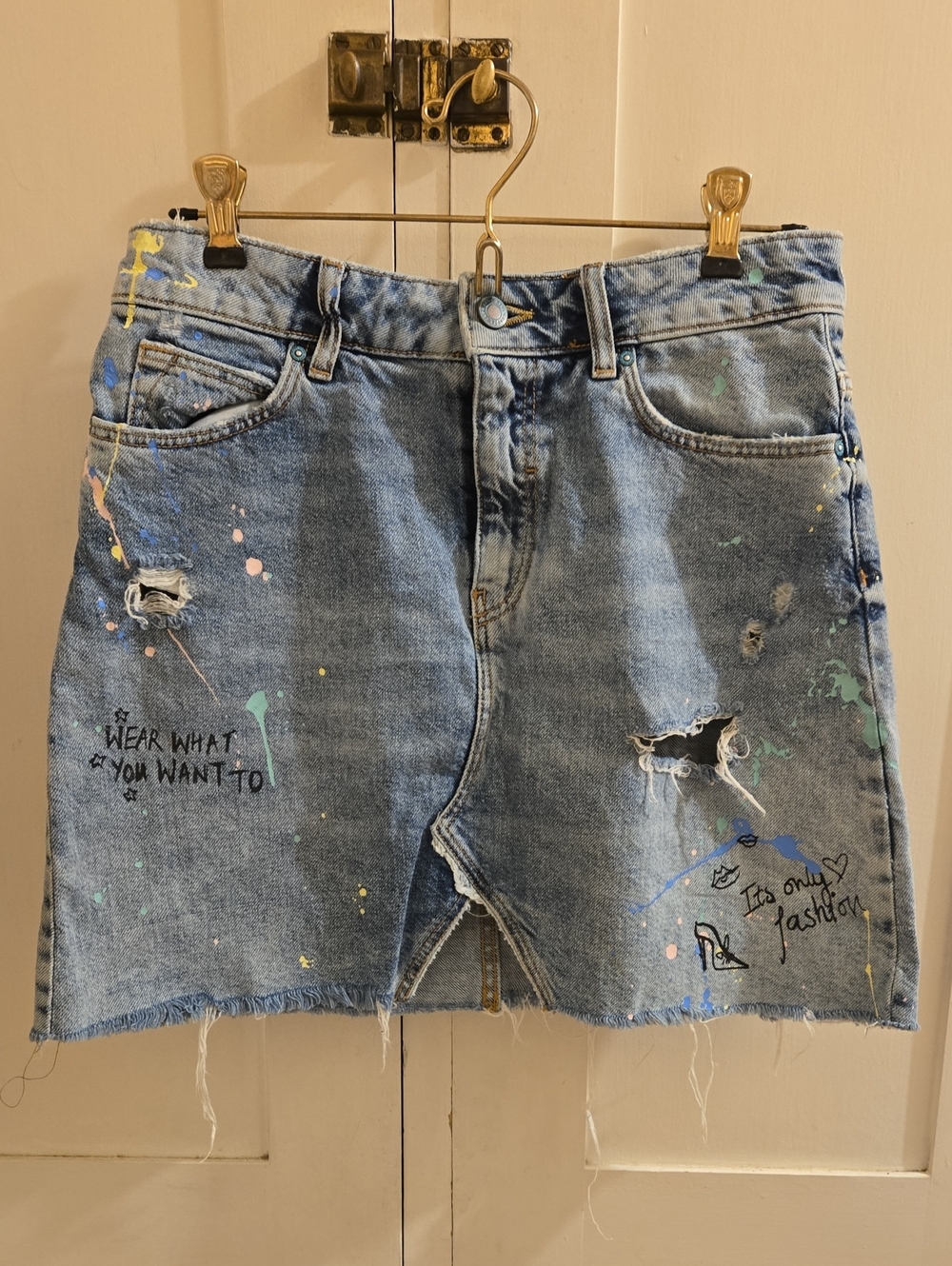 Zara Distressed/Spattered Denim Skirt Sz S